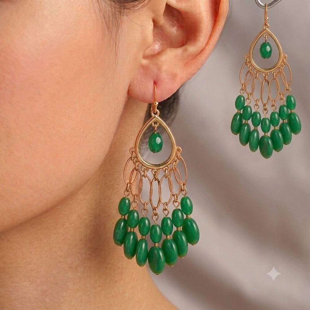 Vintage Green Bead Chandelier Earrings Gold Tone Teardrop Boho Dangle